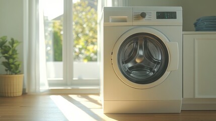 Poster - A white washing machine placed on a wooden floor, ideal for use in home or laundry settings