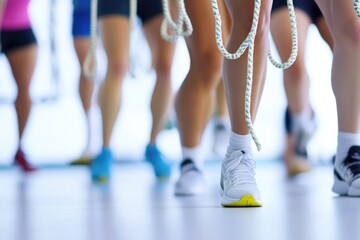 Poster - Group of people walking on a bright and clean white floor, suitable for corporate or office background