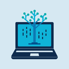 a digital code tree growing out of the screen, symbolizing innovation in programming and technology