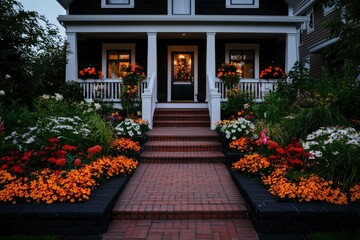 Wall Mural - Classic home with garden and walkway, a inviting entryway and evening background