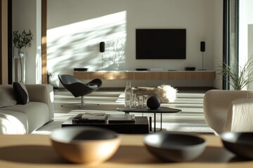 Poster - A comfortable living room with various pieces of furniture and a large flat-screen TV