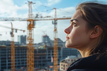 Aufkleber - A woman looks on as a construction site operates with cranes and machinery in the background