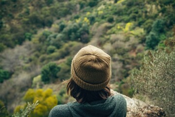 Sticker - A person sits on a rock overlooking a scenic valley, great for travel or landscape images