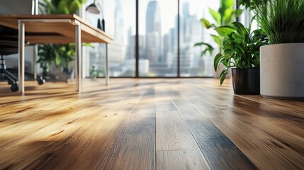 Poster - Potted plants sit on a wooden floor in front of a window, providing a cozy atmosphere