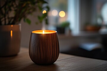 Poster - Warm glow from a wooden candle holder creates a cozy atmosphere in a softly lit room with plants