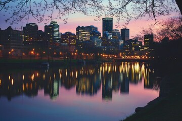 Poster - Urban landscape viewed from the opposite side of a river, with buildings and structures visible on both sides