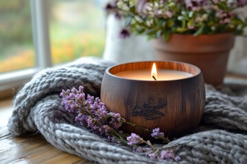 Poster - Natural candle glowing atop soft knit blanket with lavender and flowers nearby in a cozy indoor setting