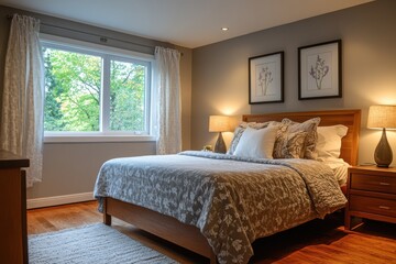 Poster - Cozy bedroom interior featuring a queen bed and natural light from large window on a serene afternoon