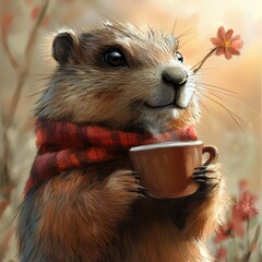 Wall Mural - A squirrel holding a cup of coffee in its paws