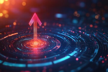 Poster - A bright red arrow pointing direction on a blue and pink gradient background