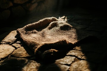 Sticker - Burlap sack resting inside a stone cellar, beam of light shining down