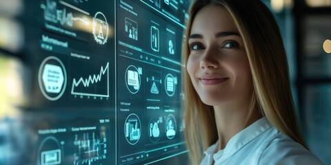 Poster - a woman standing in front of a large digital screen, possibly a presentation or display