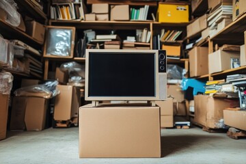 Poster - a computer monitor sitting on top of a cardboard box, possibly used as a makeshift workspace or stor
