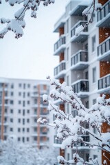 Wall Mural - A snowy tree standing tall in front of a building, great for winter or holiday scenes