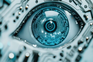 Poster - A close-up view of an eye with a circuit board visible in the background, ideal for sci-fi and technology-related concepts