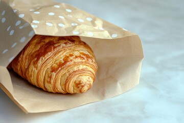 Wall Mural - A flaky pastry wrapped in paper on a flat surface, perfect for a quick snack or breakfast on-the-go