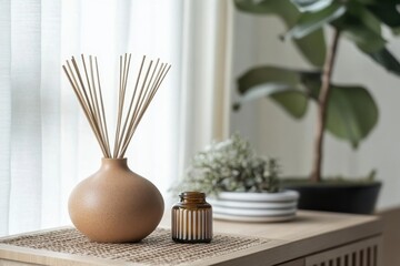 Poster - Decor elements featuring aroma diffusers and greenery in a modern interior setting