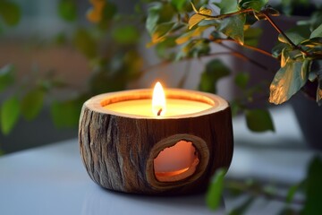 Poster - Beautiful wooden candle holder with a warm flame surrounded by greenery in a cozy indoor setting