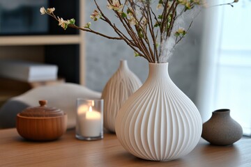 Aufkleber - Elegant ceramic vases and candle create serene atmosphere in modern living room decor