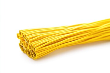 Poster - A collection of yellow wires lying on a clean white surface, ideal for use in technical or educational illustrations