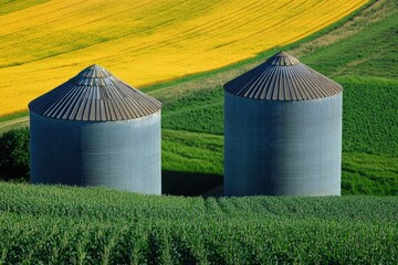 Two metal silos standing in a green grassy field, with a simple and rustic landscape