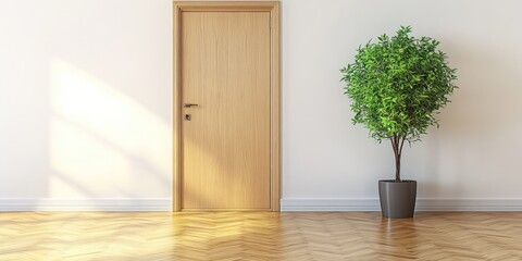 Poster - A small potted plant sits in front of a traditional wooden door