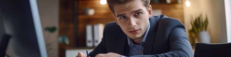 Poster - a person sitting in front of a computer, possibly working or studying
