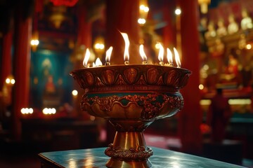 Poster - A golden bowl filled with lit candles on a table