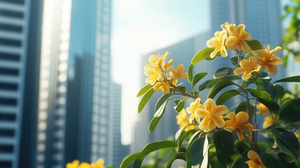 Poster - A bouquet of bright yellow flowers placed outside tall buildings