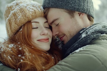 Poster - A romantic moment between two people embracing in the snowy landscape, perfect for winter-themed projects