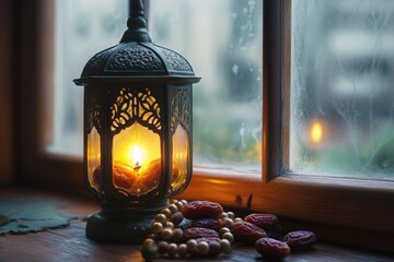 Aufkleber - A candle sits next to a window, providing warm light