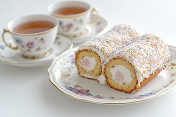 Poster - A slice of cake sits next to a cup of tea, perfect for a cozy moment