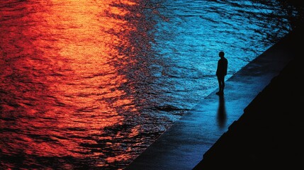 Aufkleber - A person stands at the edge of a lake, with calm waters and surrounding landscape