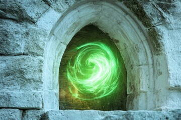 Poster - A window with a glowing green light inside, suitable for use in illustrations or designs related to technology, energy, or innovation