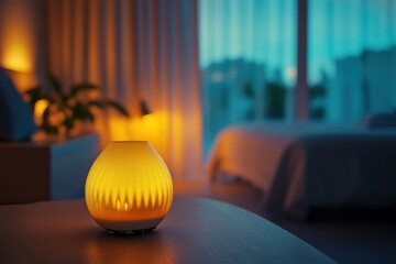 Poster - Soft glow of a decorative lamp in a serene bedroom at dusk, creating a calming atmosphere