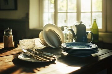 Wall Mural - A simple wooden table set with dinnerware and cutlery, ready for use