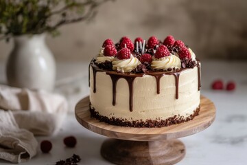 Poster - Delicious cake topped with fresh raspberries and chocolate drizzles at a cozy kitchen setting