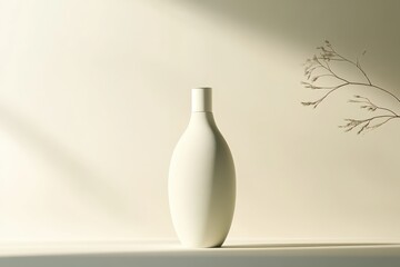 Poster - Minimalist white vase displayed with soft shadows and a delicate plant branch capturing serene indoor elegance