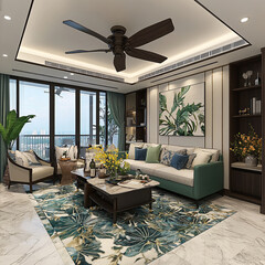 Wall Mural - Serene living room with a large window view, floral rug, comfortable seating, and a modern ceiling fan.