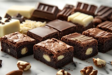 Poster - Delicious assortment of chocolate brownies and treats displayed on a marble surface