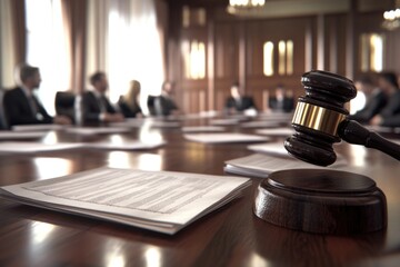 Poster - A wooden table with a judge's gavel sitting on it, ideal for courtroom or legal scenarios