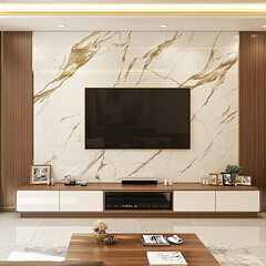 Wall Mural - Modern living room featuring a marble accent wall, dark television, and a sleek wooden entertainment center.