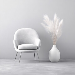 Wall Mural - Minimalist gray scene featuring a modern white chair and a vase of feathery plumes.