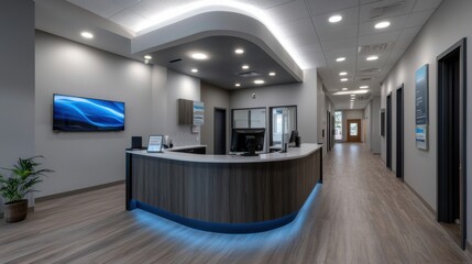 Poster - A modern office lobby with a large reception desk and a potted plant