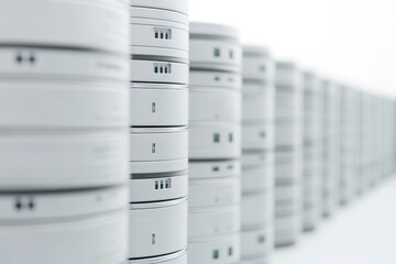 Poster - A row of white disk drives in a data center storage unit, often used for computer servers and network architecture