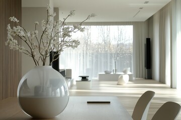 Poster - Modern living room with elegant decor, bright light, and minimalist design featuring a decorative vase