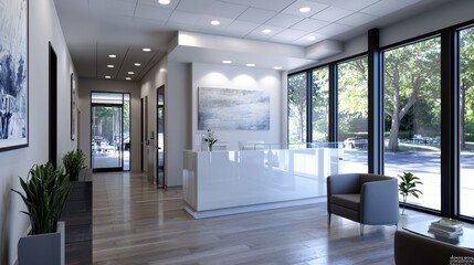 Poster - A large open room with a white desk and a chair