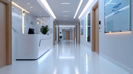 Poster - A long hallway with a white wall and a blue sign