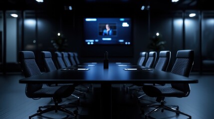 Poster - A large conference room with a black table and black chairs