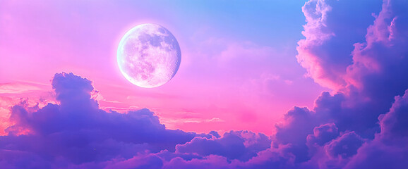 Aufkleber - A beautiful full moon glowing in a pastel-colored sky filled with soft clouds, symbolizing peace, tranquility, and the beauty of the night sky during a serene evening.